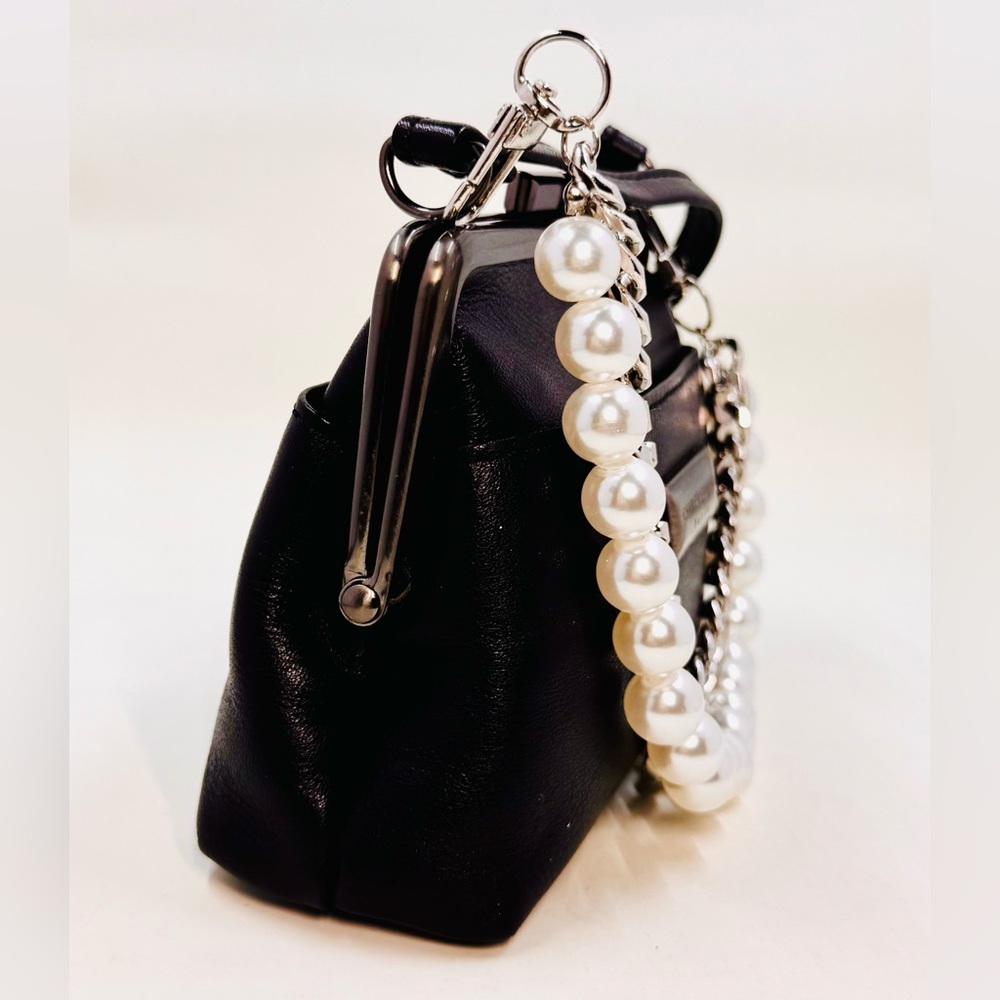 Charles Jourdan Paris Black Leather Mini Top-Handle Bag W/Pearl & Silver Chain - Picture 5 of 6